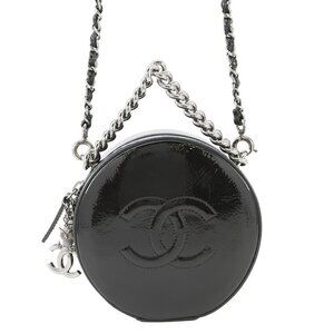 CHANEL Double Chain Round Shoulder Bag Patent Leather Black